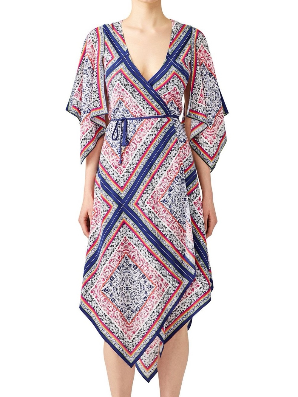 Trina Turk Silk Blend Scarf Print Wrap Dress Asymmetrical Resortwear Hem Size 10